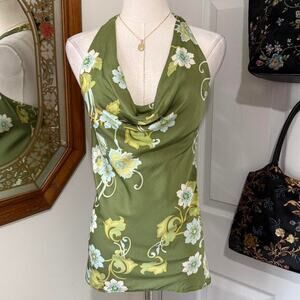 Ann Taylor Green, Blue & White Floral Pattern Silk Backless Cowl Neck Halter Top